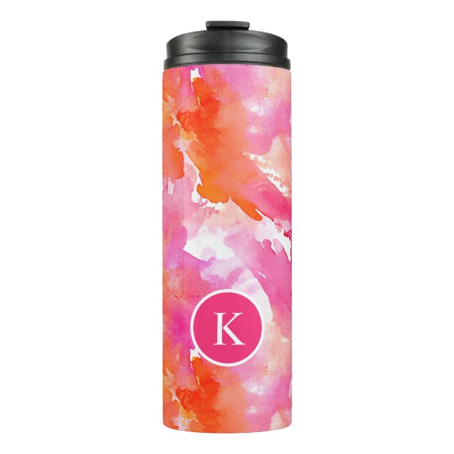Monogramm Watercolor Pink Orange Abstrakt Thermosbecher (Vorderseite)