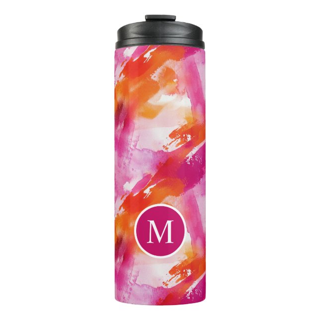 Monogramm Watercolor Pink Orange Abstrakt Thermosbecher (Vorderseite)