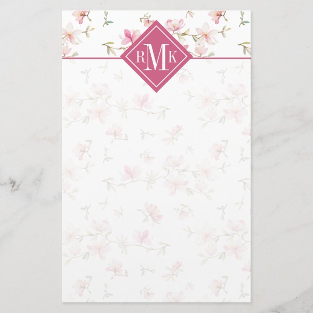 Monogramm| weiche rosa Watercolor-Blume Briefpapier (Vorderseite)