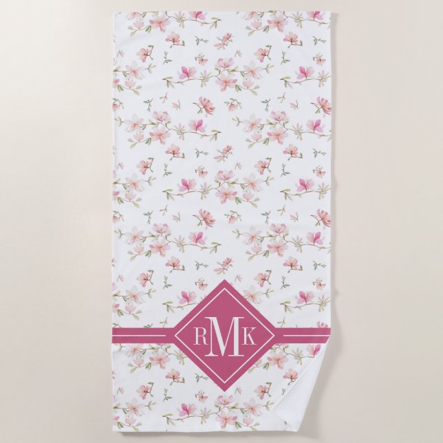 Monogramm| weiche rosa Watercolor-Blume Strandtuch (Vorderseite)
