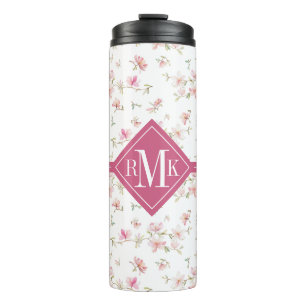 Monogramm weiches rosa Watercolor-Blumen-Muster Thermosbecher