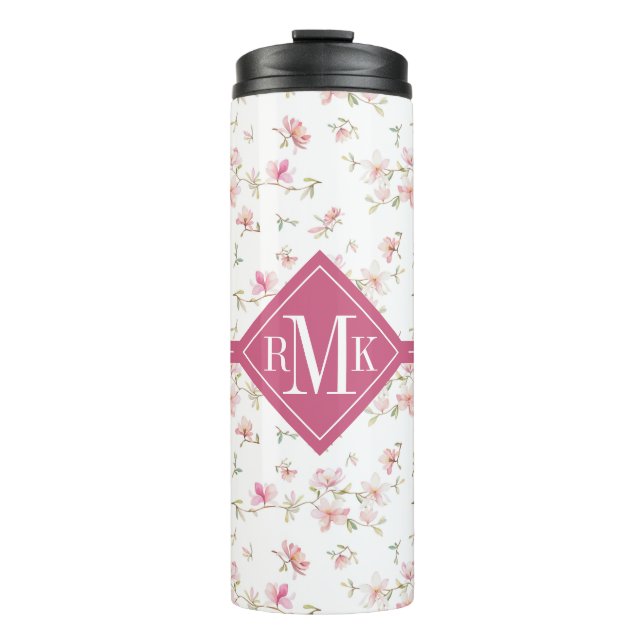 Monogramm| weiches rosa Watercolor-Blumen-Muster Thermosbecher (Vorderseite)