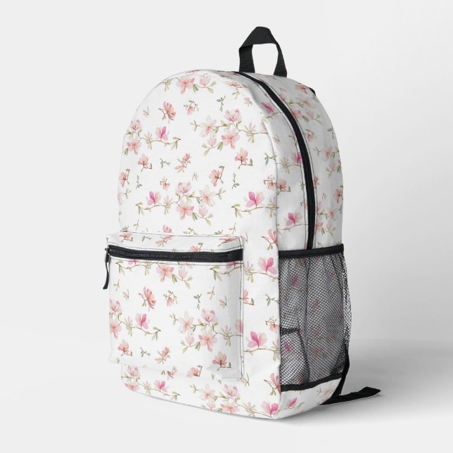 Monogramm | Weichrosa Wasserfarben-Blume Bedruckter Rucksack (Rückseitige Ecke Rechts)