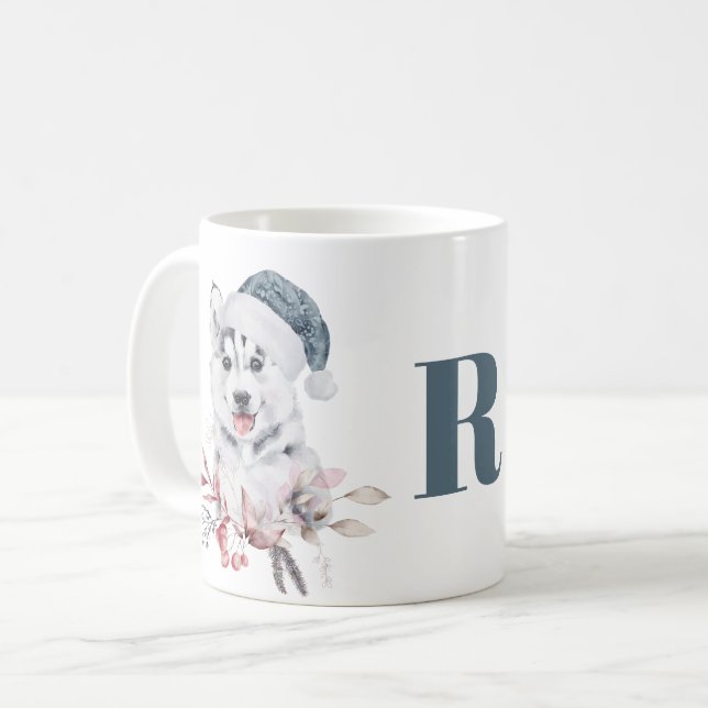 Monogramm Weihnachten Husky Hund Kaffeetasse (Vorderseite Links)