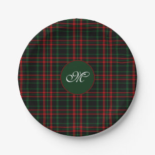 Monogramm Weihnachts-Tartan Karo Rot, Grün Schwarz Pappteller