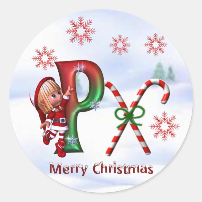 Monogramm Weihnachtsaufkleber P Runder Aufkleber (Vorderseite)