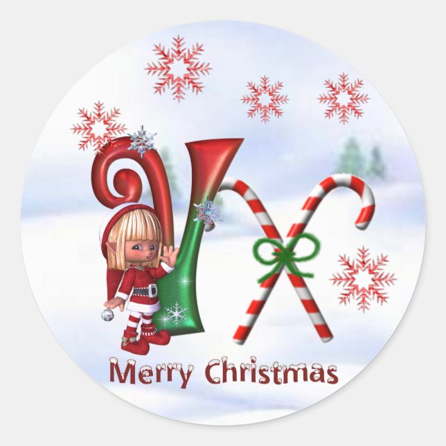 Monogramm Weihnachtsaufkleber V Runder Aufkleber (Vorderseite)
