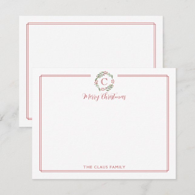 Monogramm-Weihnachtskranz mit rotem Rand Briefpapi Mitteilungskarte (Vorne/Hinten)