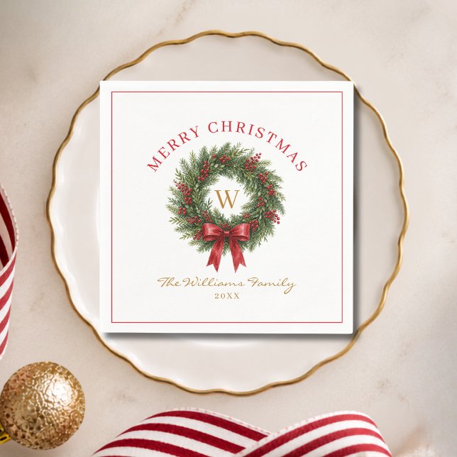 Monogramm-Weihnachtskranz rote Schleife Serviette (Monogram Christmas Wreath Red Bow Napkins)