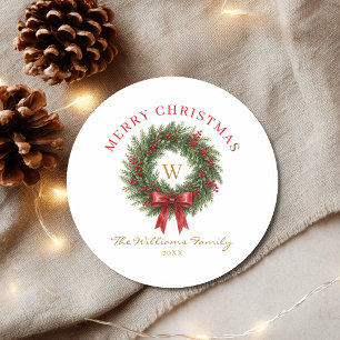 Monogramm-Weihnachtskranz rotes Band Runder Aufkleber