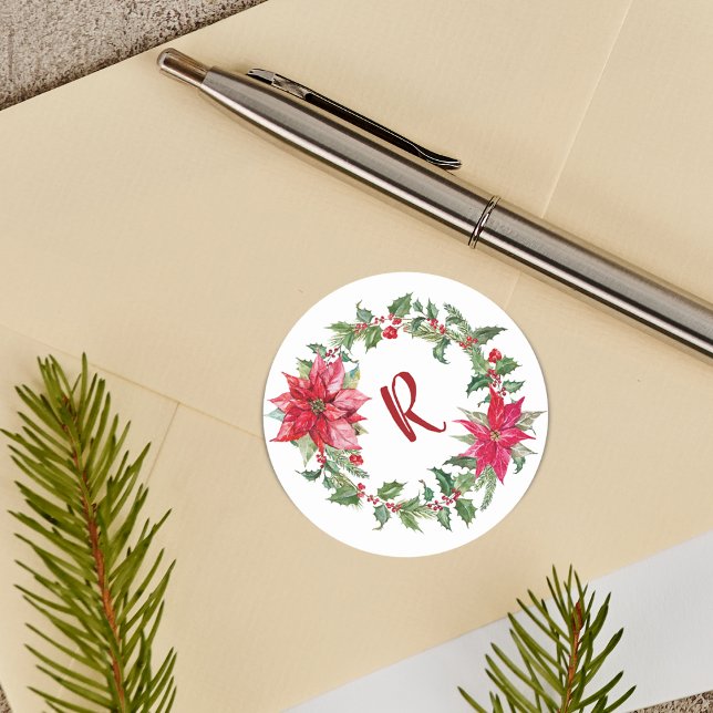 Monogramm-Weihnachtskranz Runder Aufkleber (Monogram Christmas Wreath Classic Round Sticker)