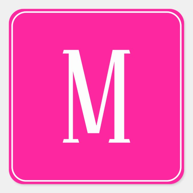 Monogramm Weiß auf Hot Pink Square Aufkleber (Vorderseite)