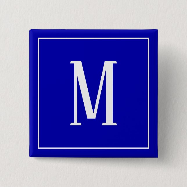 Monogramm Weiß auf königsblauem quadratischen Knop Button (Vorderseite)