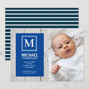 Monogramm Weiß Blau Streifen Foto Baby Junge Gebur Ankündigung