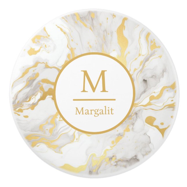 Monogramm Weiß und Gold Faux-Marmor  Keramikknauf (Vorderseite)
