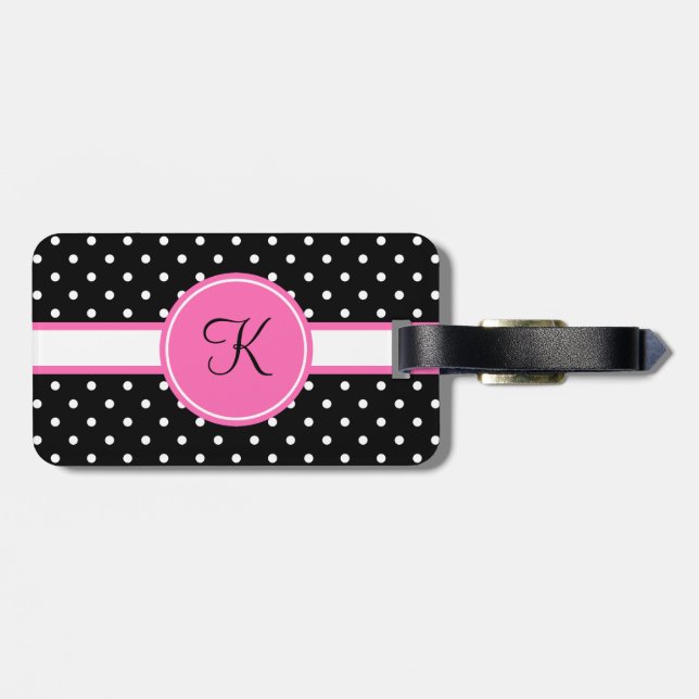 Monogramm, Weiß und Schwarz-Polka-Punktmuster Gepäckanhänger (Rückseite horizontal)