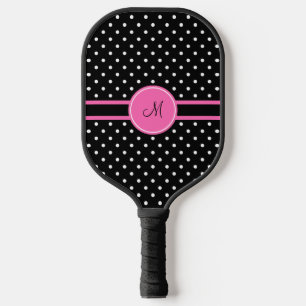 Monogramm, Weiß und Schwarz-Polka-Punktmuster Pickleball Schläger