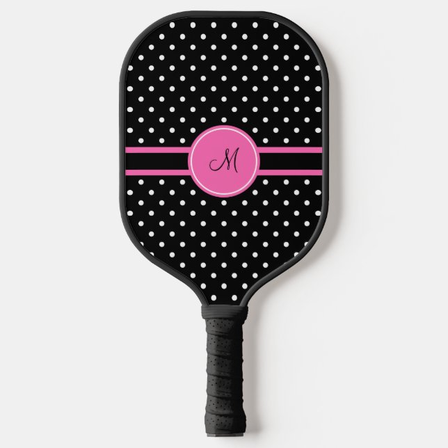 Monogramm, Weiß und Schwarz-Polka-Punktmuster Pickleball Schläger (Vorderseite)