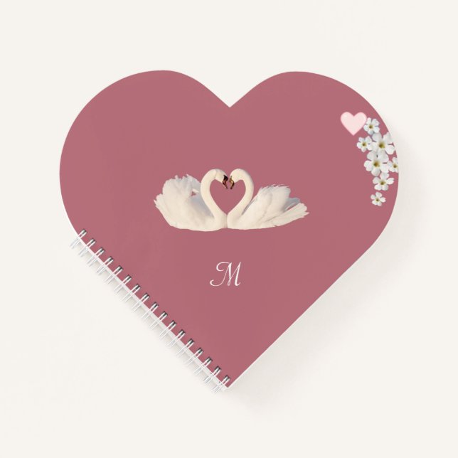 Monogramm Weiße Blume und Schwäne auf Rose Gold Notizbuch (Vorderseite)