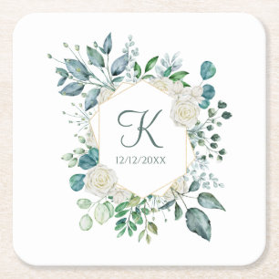 Monogramm weiße Rosen Grüne Eukalyptus-Hochzeit Rechteckiger Pappuntersetzer