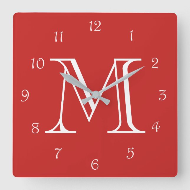 Monogramm weiße Skriptnummern auf der roten Wall-U Quadratische Wanduhr (Vorderseite)