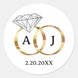 Monogramm Weiße und Goldene Diamantene Hochzeitsri Runder Aufkleber