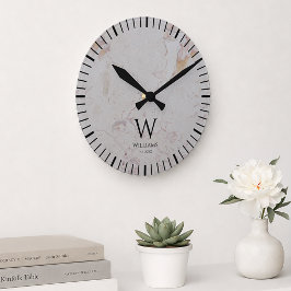 Monogramm weißer Marmor schwarze Initiale & benutz Runde Wanduhr