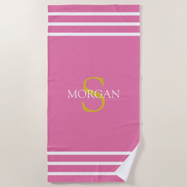 Monogramm/Weißer Name Weißer Streifen, rosa Strandtuch (Vorderseite)