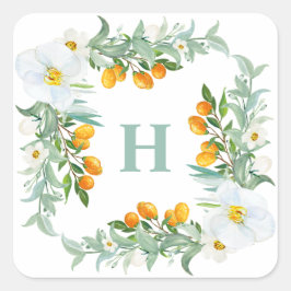 Monogramm weißer Orchideen und Kumquats Quadratischer Aufkleber