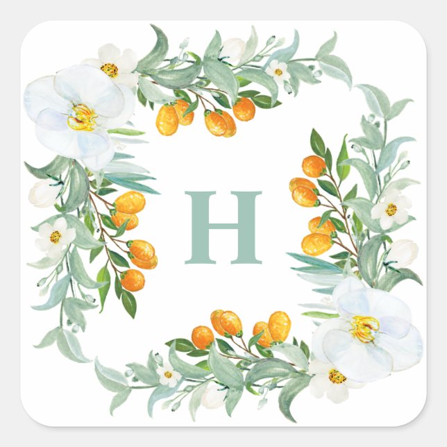 Monogramm weißer Orchideen und Kumquats Quadratischer Aufkleber (Vorderseite)