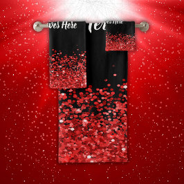 Monogramm - Weißer Text auf schwarz mit rotem Glit Badhandtuch Set