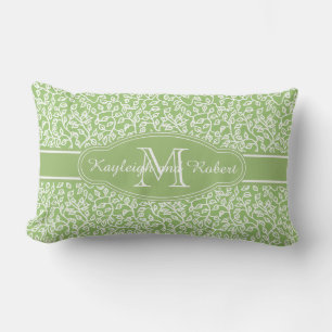 Monogramm weißes Blattmuster auf Apple Green Lendenkissen