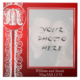 Monogramm "Weißes Spitzen auf Rot" mit Foto - Tile Fliese