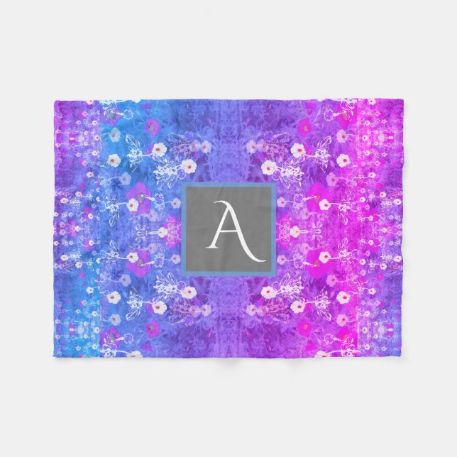 Monogramm-Wildblume-lila Blau Fleecedecke (Vorderseite (Horizontal))