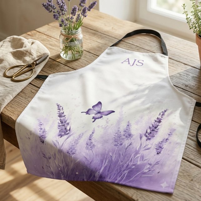 Monogramm Wildblume Schmetterling Lavendel Blumenm Schürze (Monogram lavender wildflower and butterfly design — perfect birthday gift idea for her.)