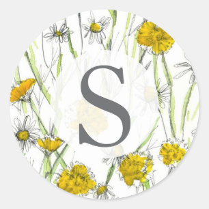 Monogramm Wildblumen Gelb Aquarell Runder Aufkleber