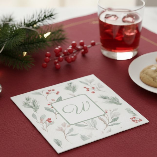 Monogramm Winter Botanicalpapier Serviette (Holiday party napkin)