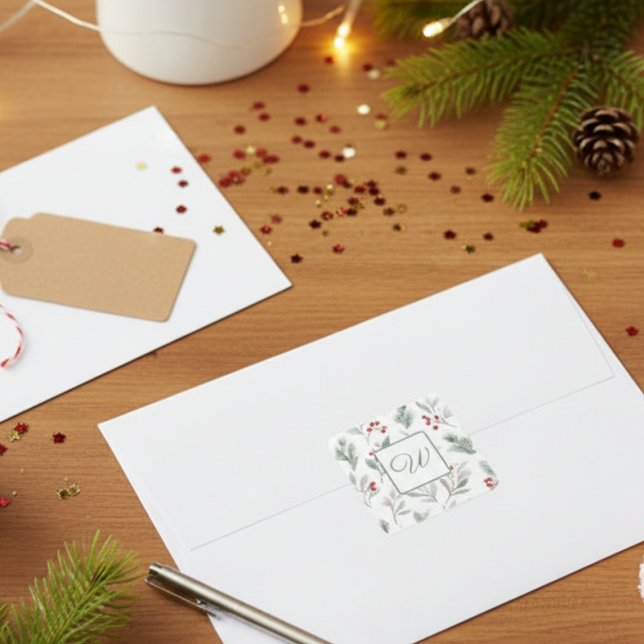 Monogramm-Winter-Botanikpapier Quadratischer Aufkleber (Holiday initial monogram sticker)