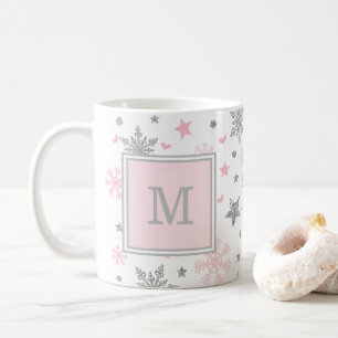 Monogramm-Winter-Schneeflocken/rosa silberner Kaffeetasse