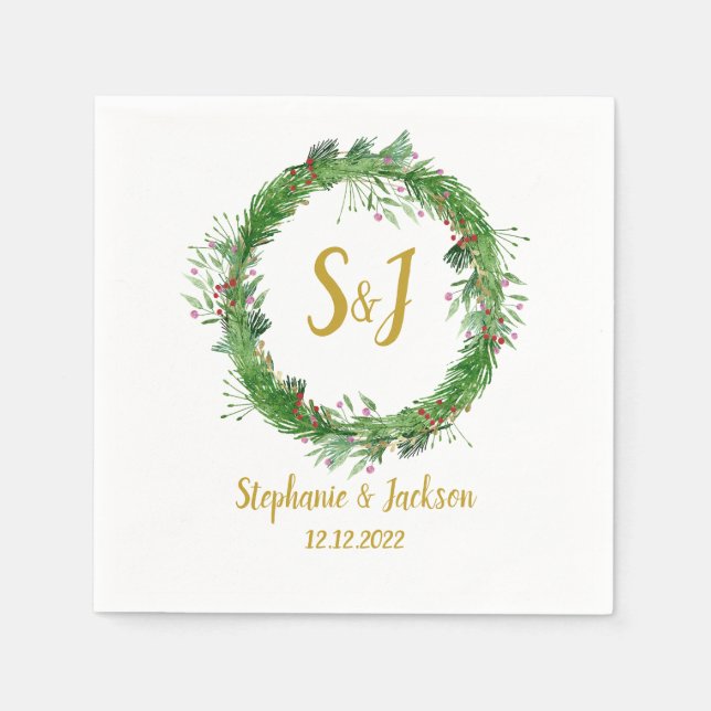 Monogramm | Winterlicher Grünkränze Hochzeit Serviette (Vorderseite)