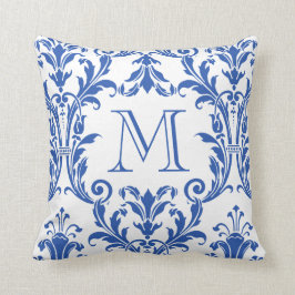 Monogramm Wirbel mit weißem und blauem Damast Kissen