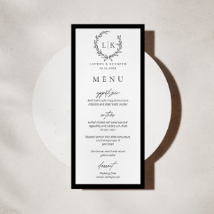 Monogramm Wreath Black   White Wedding Menu Card Menükarte