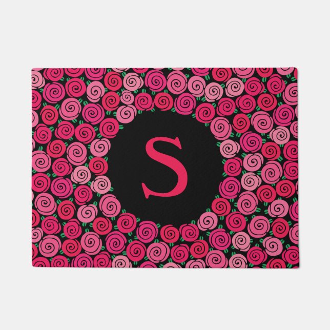 Monogramm-wunderliche rosa Rosen personalisiert Fußmatte (Vorderseite)