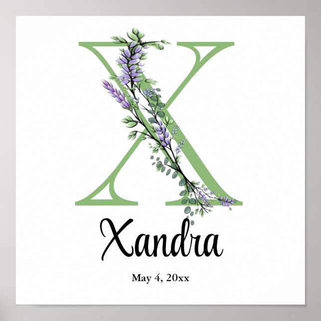 Monogramm X Lavendel-Eukalyptus-Poster Kinderzimme Poster (Vorne)