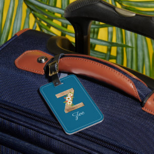 Monogramm Z blaues Holz Buchstabe Blumen Gepäckanh Gepäckanhänger