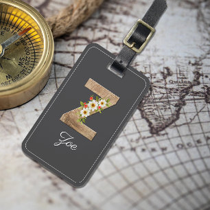 Monogramm Z graues Holz Buchstaben Blumen Gepäckan Gepäckanhänger