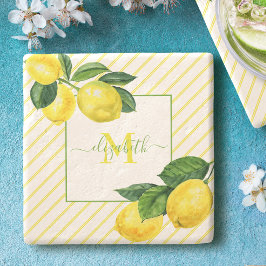 Monogramm Zitronen Aquarellstreifen rustikales Lan Steinuntersetzer