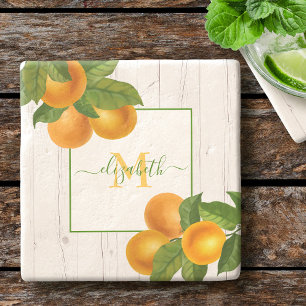 Monogramm-Zitrus-Orangen-Aquarell-rustikales Holz Steinuntersetzer