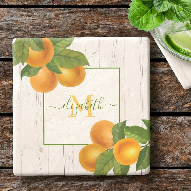 Monogramm Zitrusfrüchte Orangen Aquarell rustikale Steinuntersetzer (Von Creator hochgeladen)