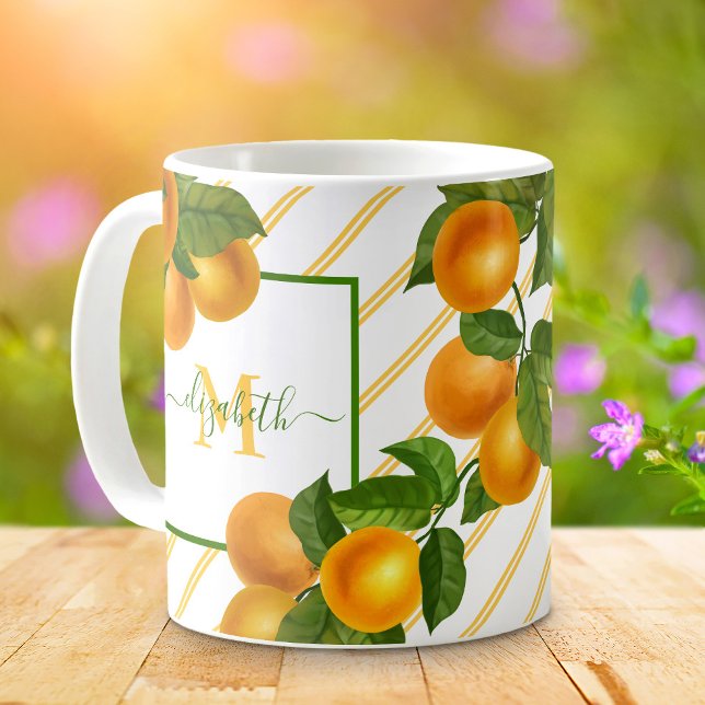 Monogramm Zitrusfrüchte Orangen Aquarellstreifen r Kaffeetasse (Von Creator hochgeladen)